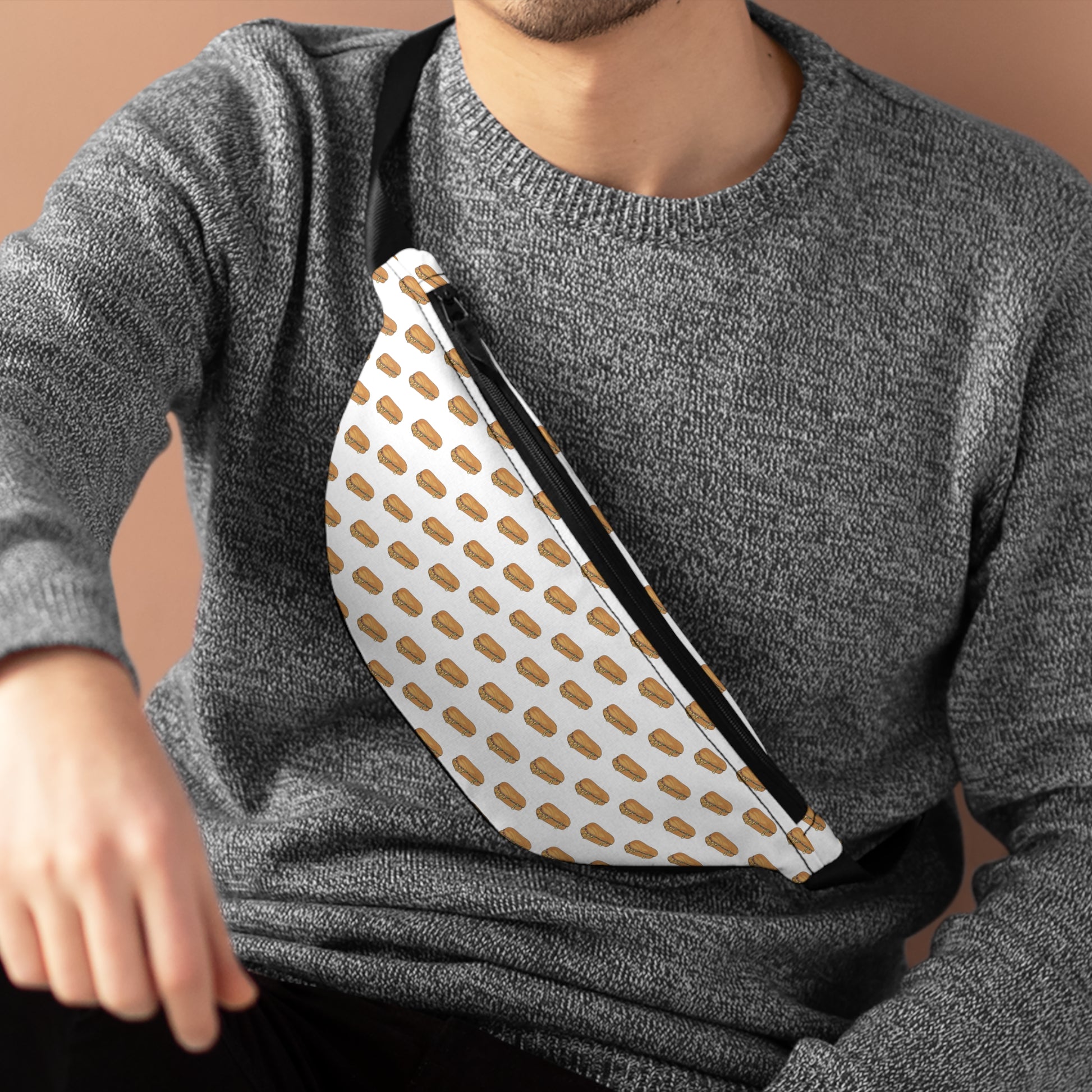 Person wearing chopped-cheese fanny-pack styled as NYC streetwear accessory