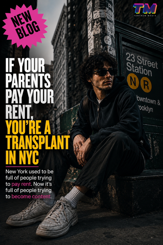 Cinematic editorial cover for “If Your Parents Pay Your Rent, You’re a Transplant in NYC” featuring a moody New York street scene with a young man in dark streetwear sitting beside the 23rd Street subway entrance in Manhattan under dramatic urban lighting. Bold magazine typography and a pink “NEW BLOG” graphic create a gritty modern NYC editorial aesthetic.