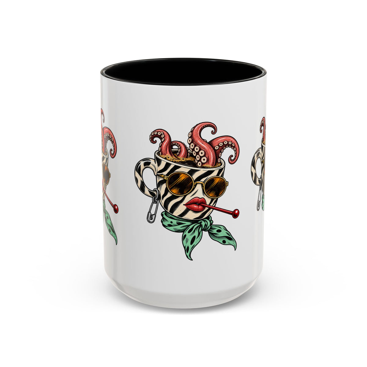 Front view of the white Octopus Daydream accent mug with black interior and original illustrated octopus design.