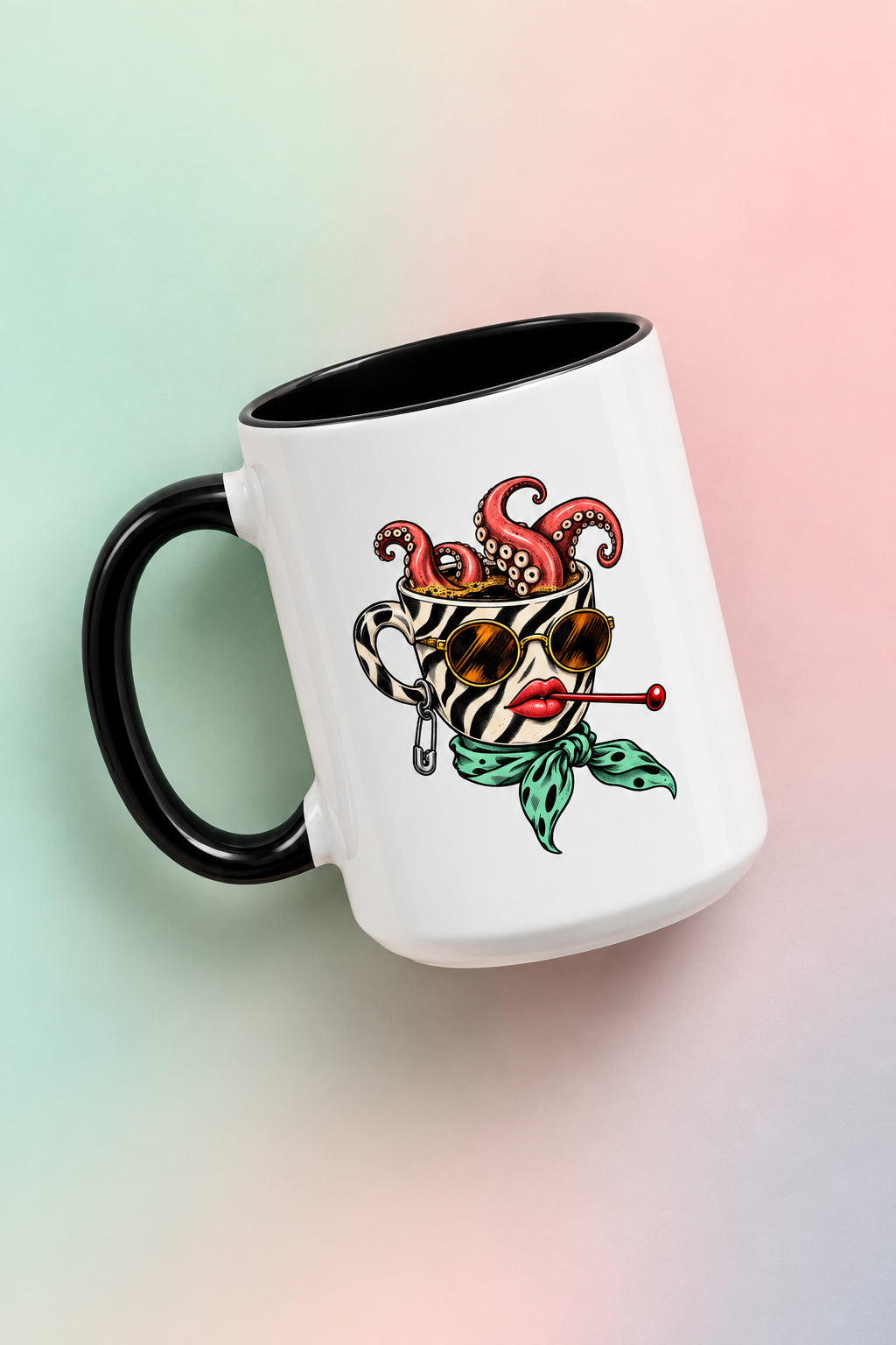 Black and white Octopus Daydream ceramic coffee mug against a mint green and blush pink gradient background.