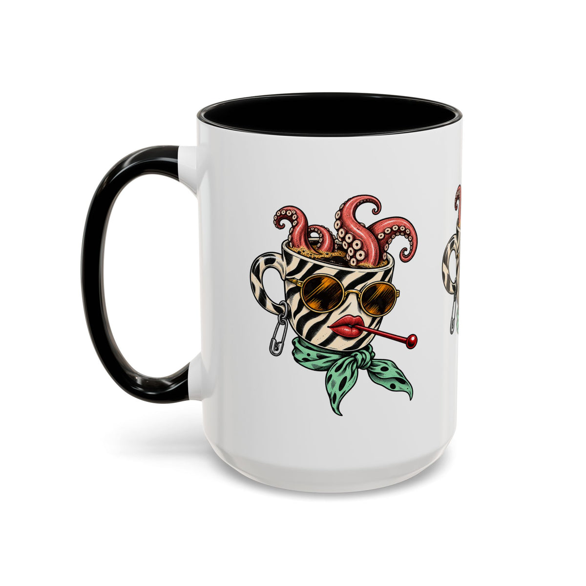 Black handle ceramic accent mug featuring the Octopus Daydream illustration with pink tentacles, sunglasses and mint-green scarf.