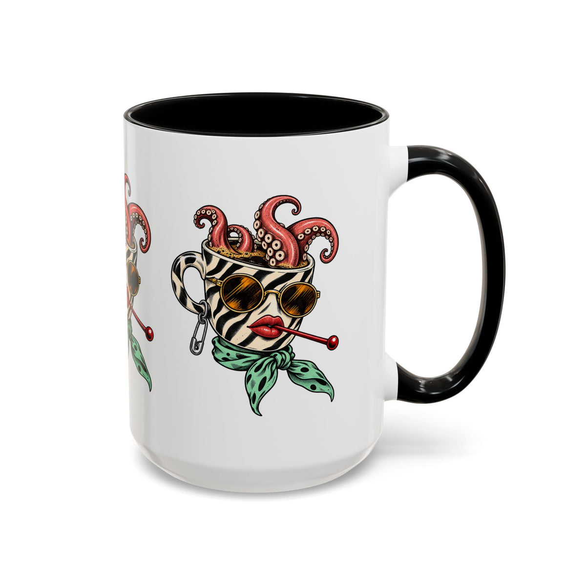 White Octopus Daydream coffee mug with contrasting black handle and interior, featuring surreal zebra-striped cup artwork.