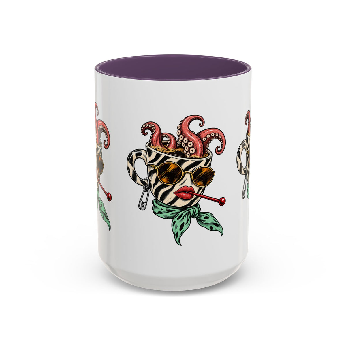 Front view of the Octopus Daydream 15 oz ceramic accent mug with purple interior and colorful illustrated artwork.