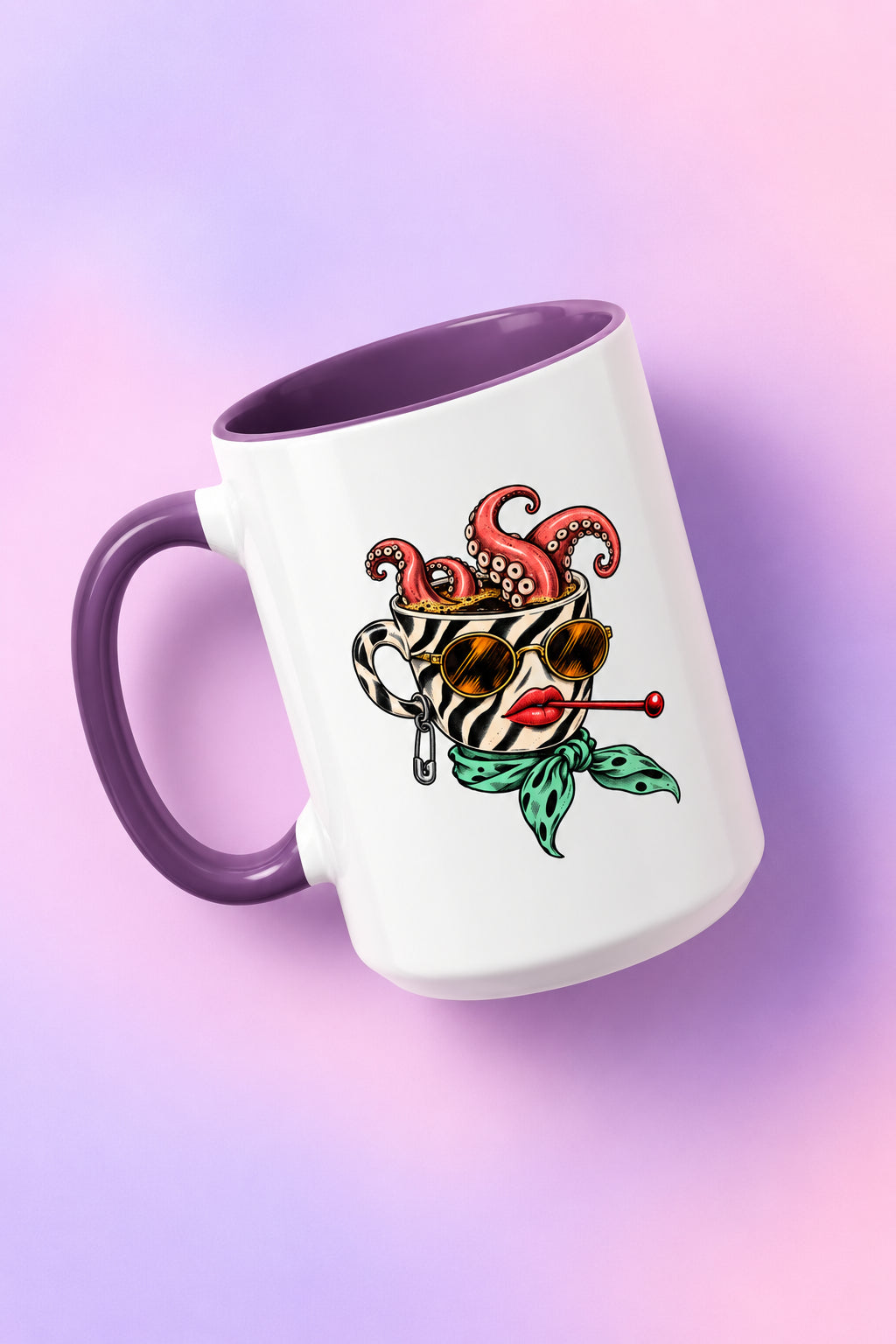 Purple Octopus Daydream accent mug featuring surreal zebra and octopus artwork against a soft lavender and pink gradient background.