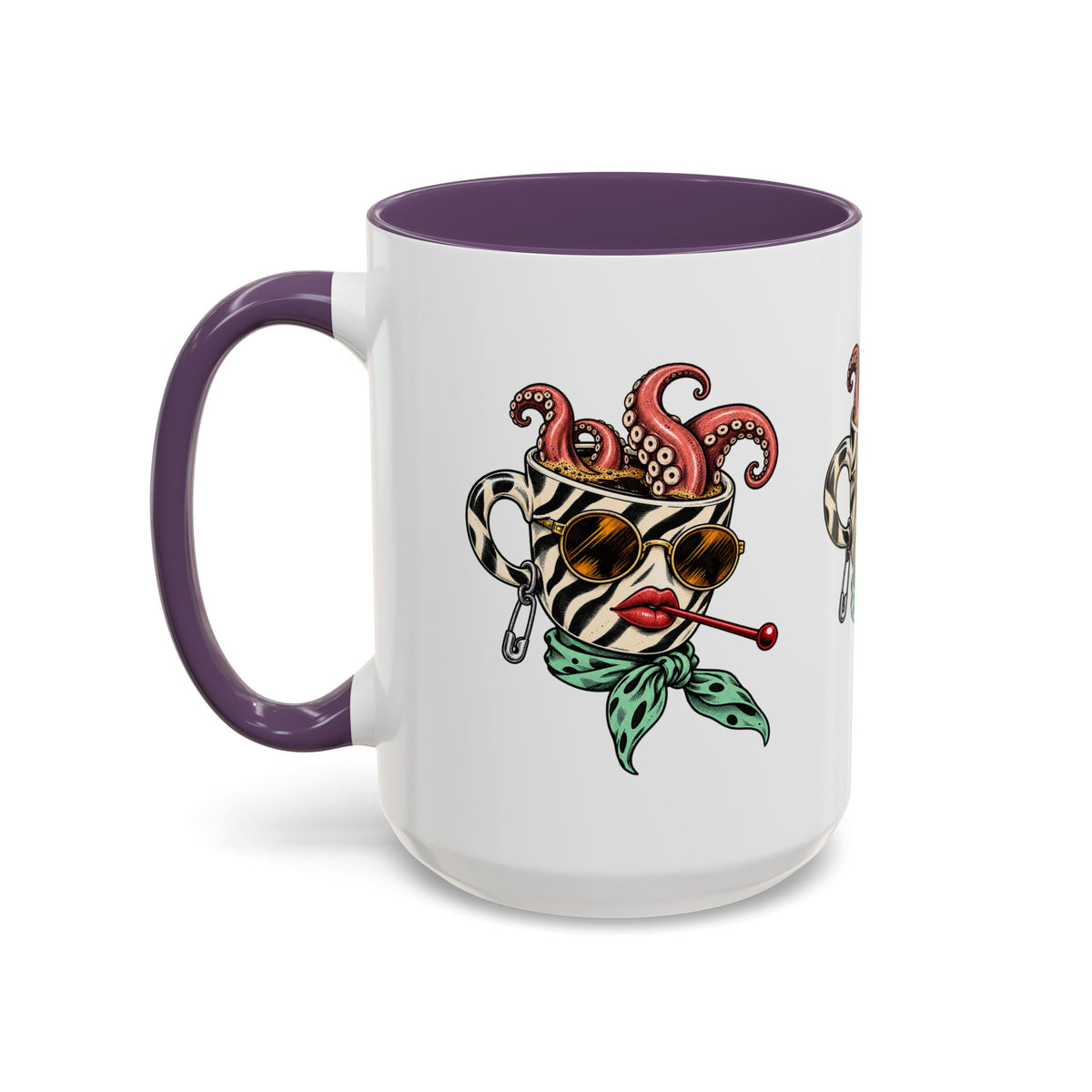 White ceramic mug with purple handle and interior, decorated with the illustrated Octopus Daydream character.