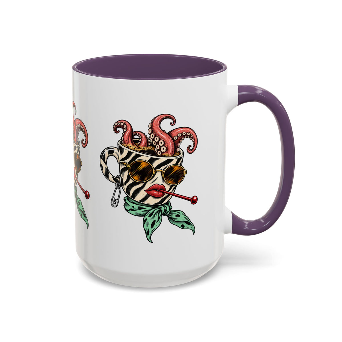 Octopus Daydream 15 oz ceramic coffee mug with purple handle and interior and colorful surreal octopus artwork.