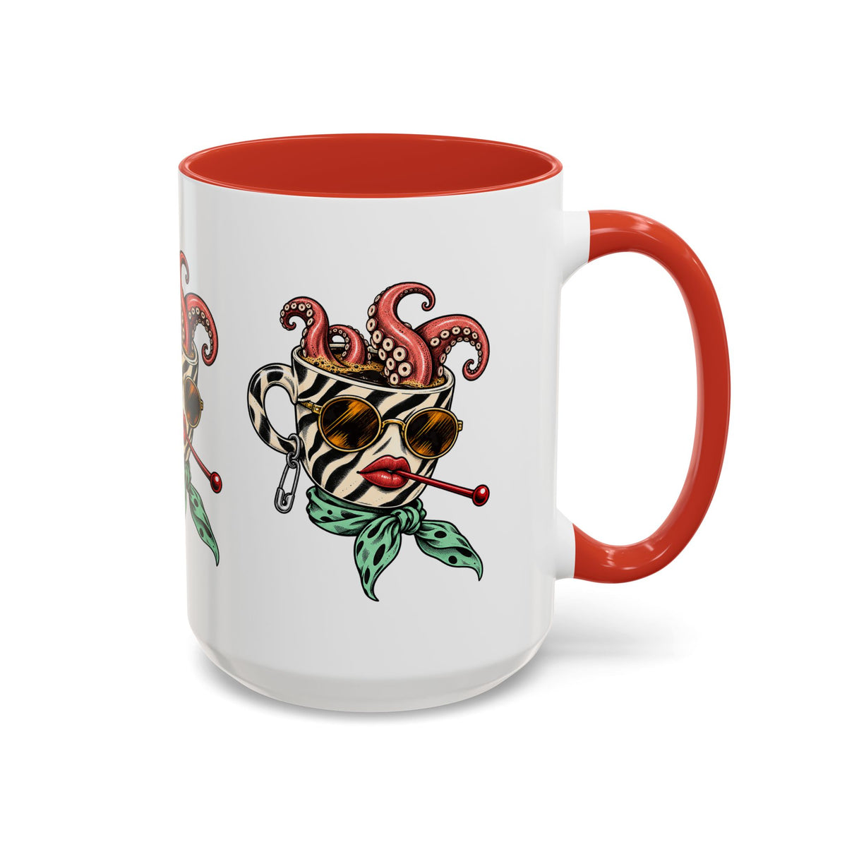 White ceramic Octopus Daydream coffee mug with a red handle and interior, featuring colorful zebra and octopus artwork.