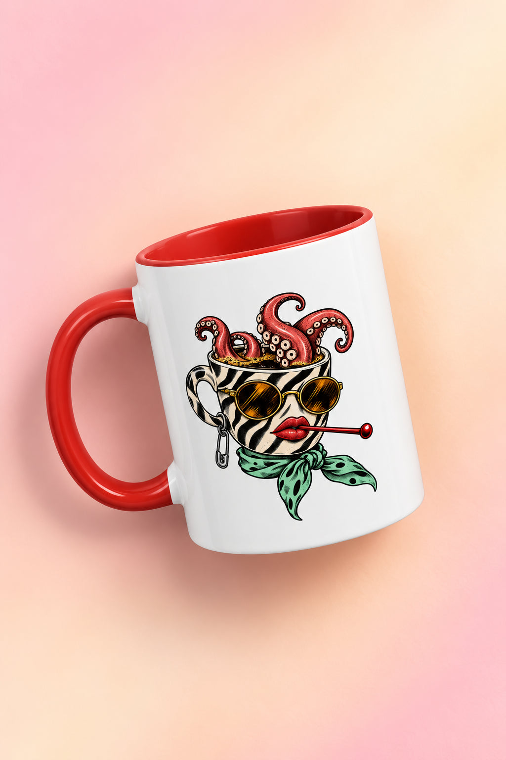 Red 15 oz Octopus Daydream ceramic accent mug featuring surreal octopus artwork against a soft pink and peach gradient background.