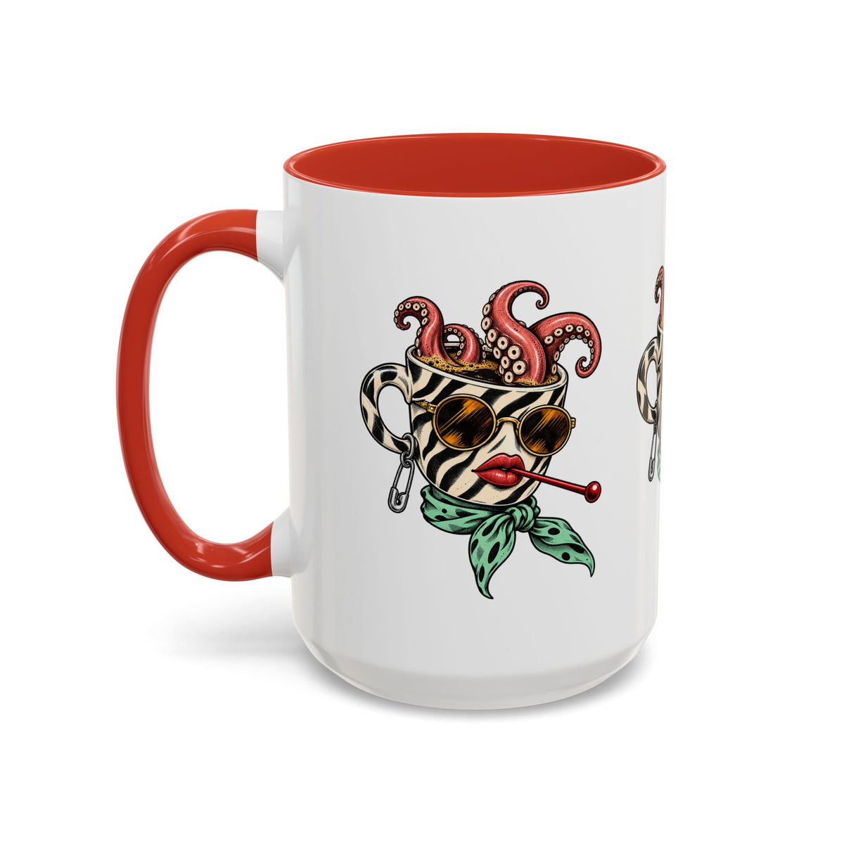 Red and white 15 oz accent mug with a surreal illustrated cup character, octopus tentacles, sunglasses and green scarf.