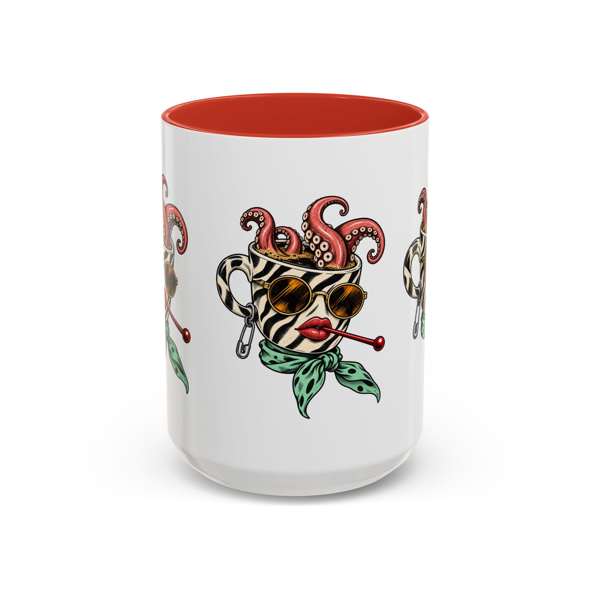 Front view of the Octopus Daydream ceramic mug with a red interior and colorful surrealist illustration.