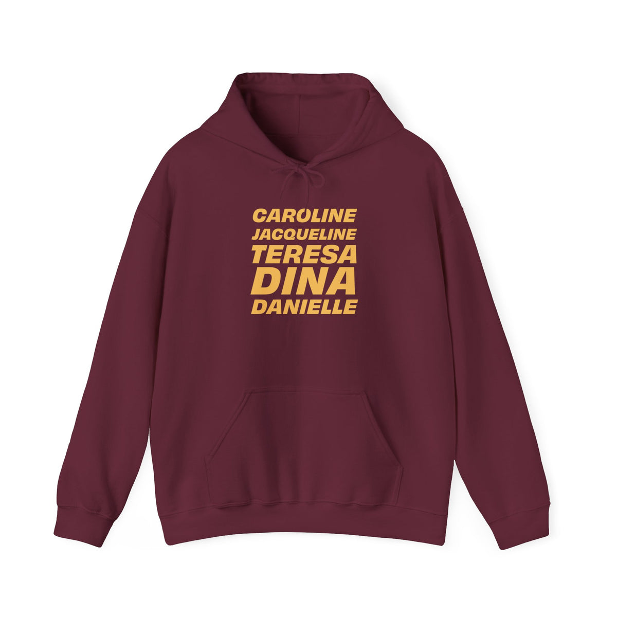 Front view of burgundy OG NJ Housewives hoodie with bold reality TV cast-name graphic.