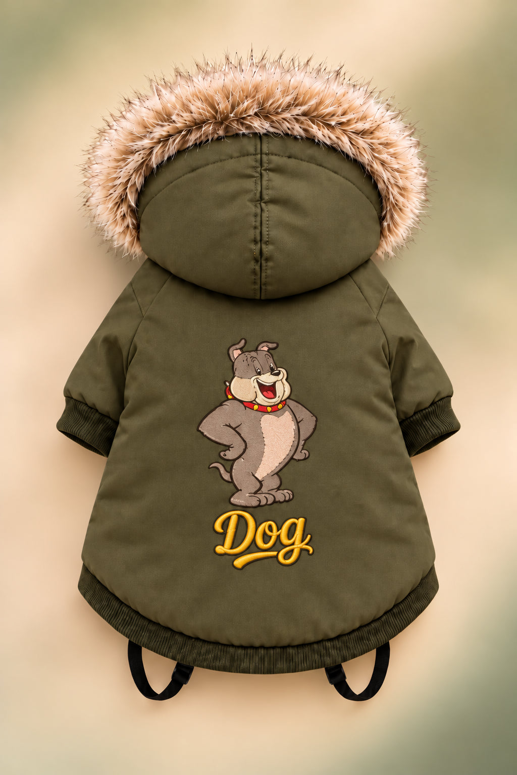 Olive green pet parka back view with faux-fur hood and cartoon dog graphic