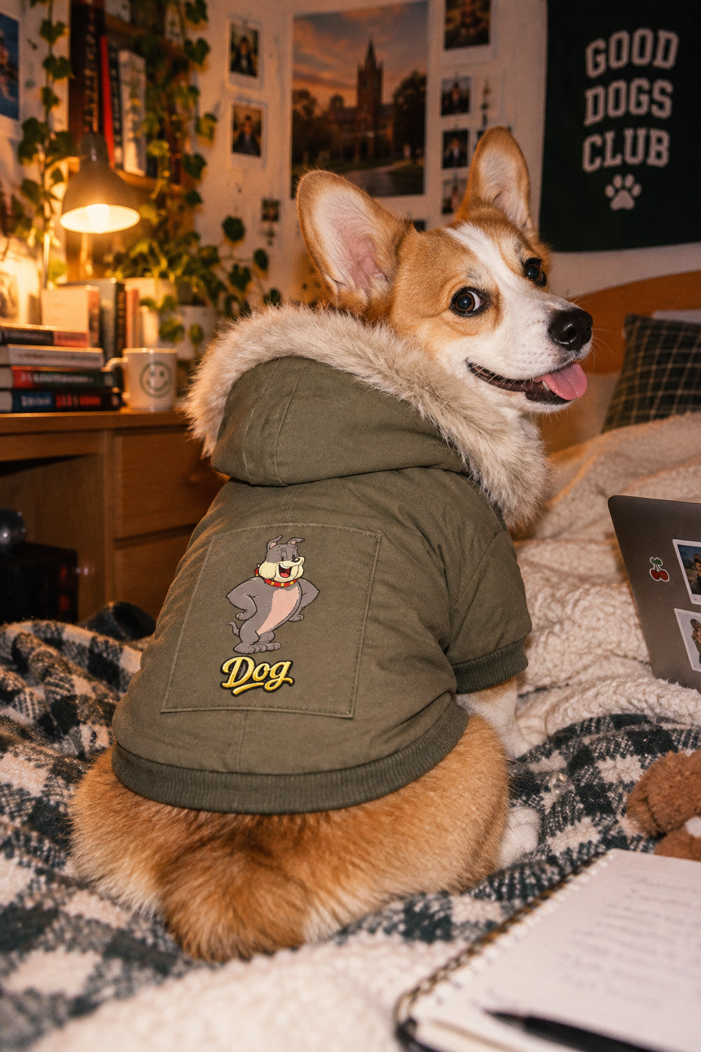 Corgi wearing olive green padded pet parka with faux-fur hood and dog graphic on back