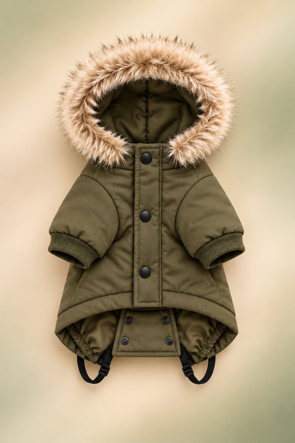 Olive green padded pet parka front view with faux-fur hood and snap closure
