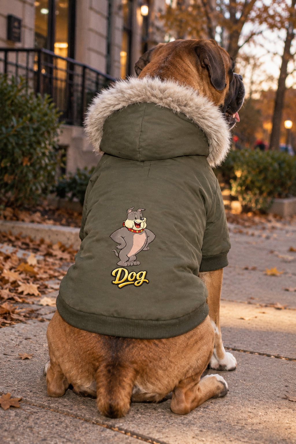 Large dog wearing olive green pet parka with dog graphic, rear view outdoors in fall