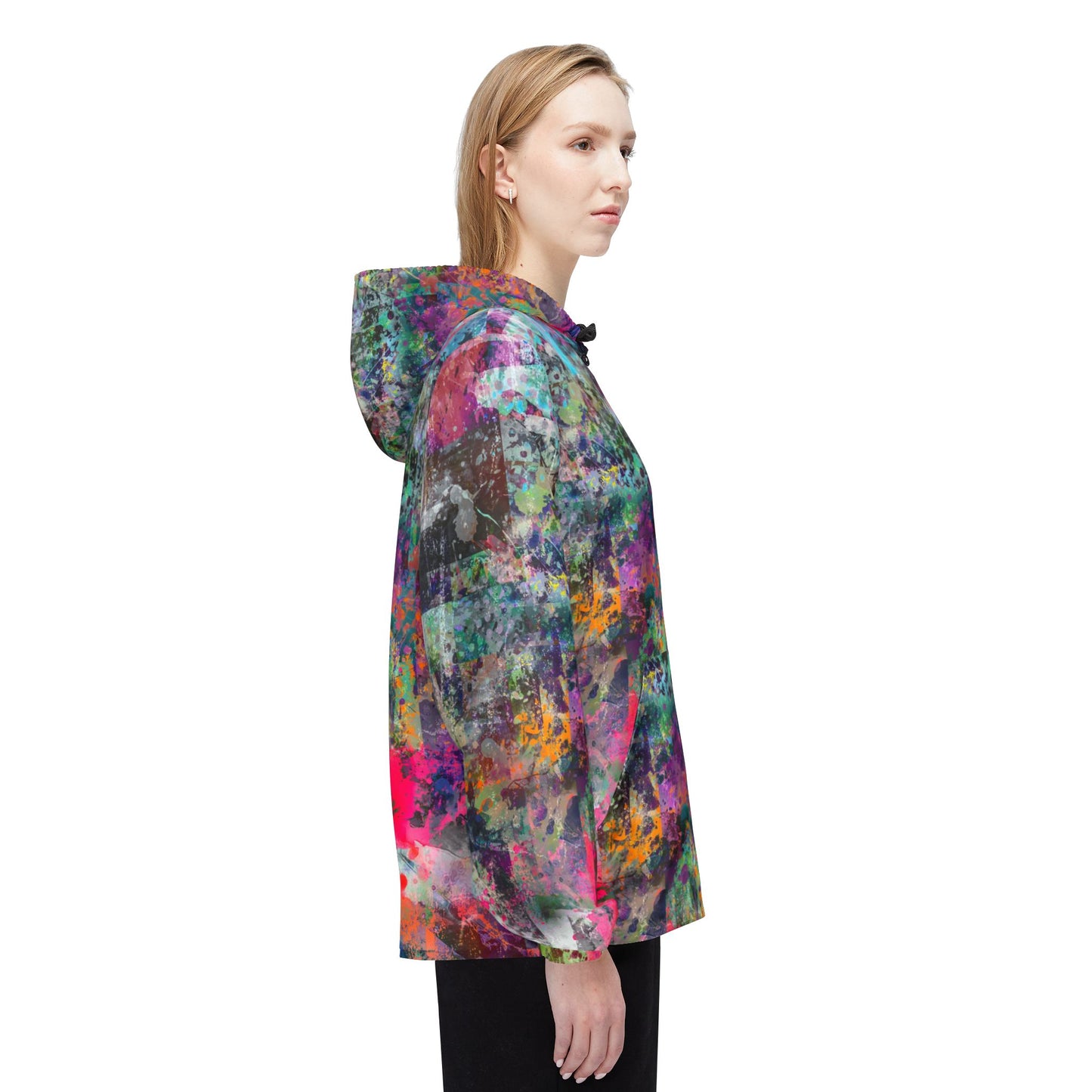 Side view of a female model wearing the Color Splash multicolor abstract windbreaker jacket.