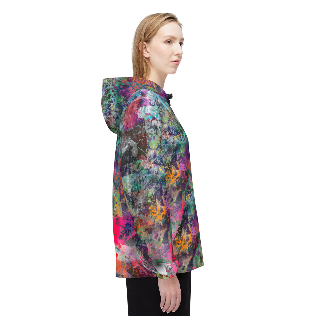 Side view of a female model wearing the Color Splash multicolor abstract windbreaker jacket.
