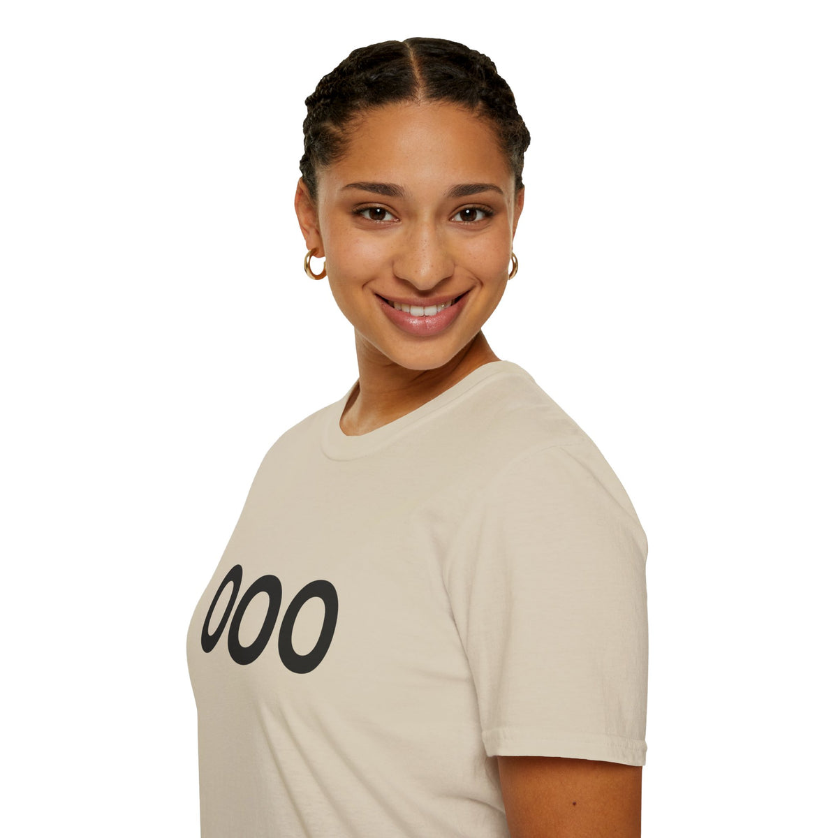 Angled view of a woman wearing a cream T-shirt with bold black OOO lettering.