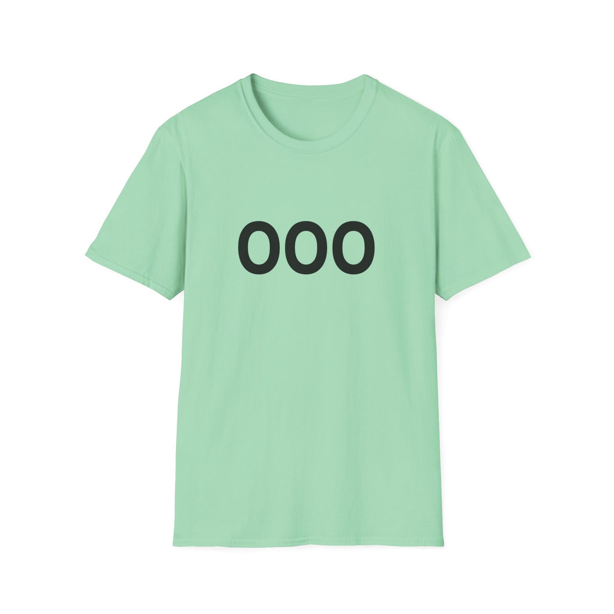 Front view of a mint green crewneck T-shirt with bold black OOO lettering across the chest.