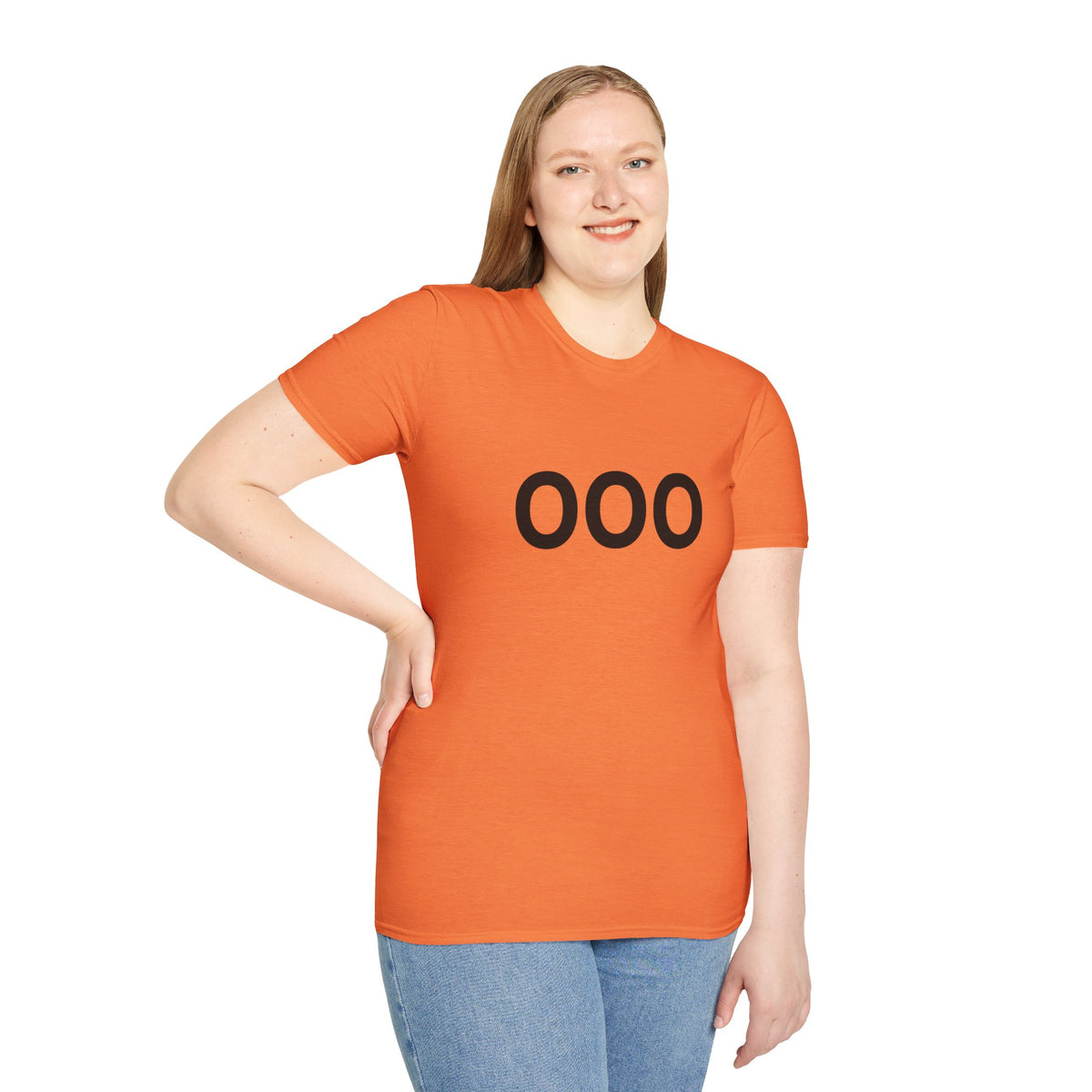 Woman modeling an orange crewneck T-shirt with bold black OOO chest lettering.