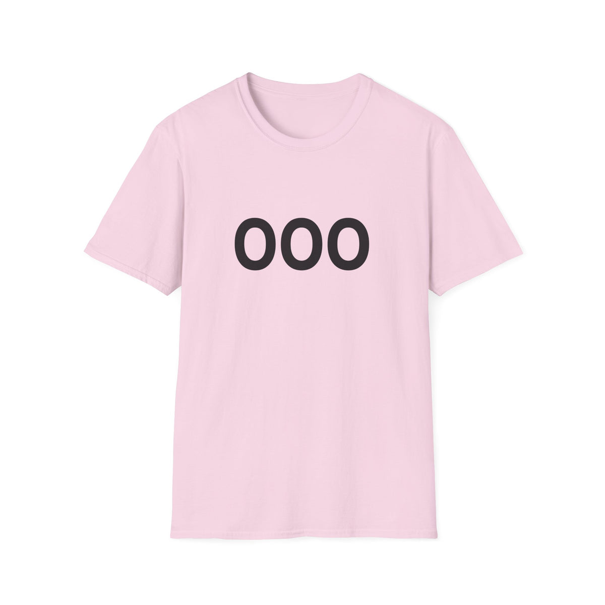 Front view of a pink crewneck T-shirt with bold black OOO lettering centered on the chest.