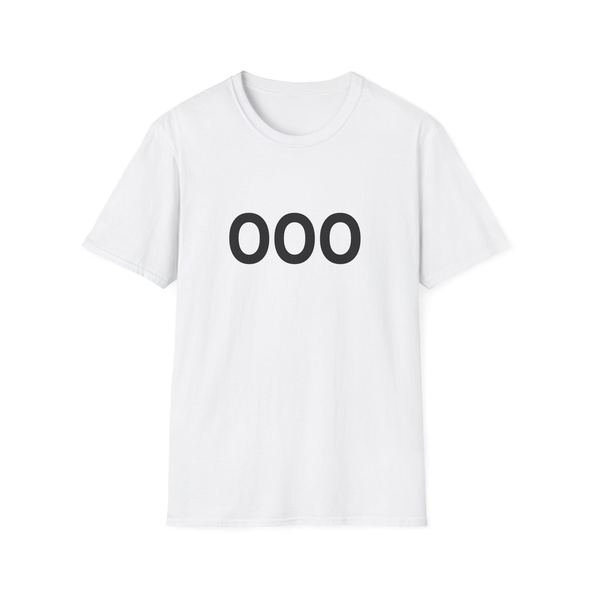 Front view of a white short-sleeve T-shirt with three bold black OOO letters across the chest.