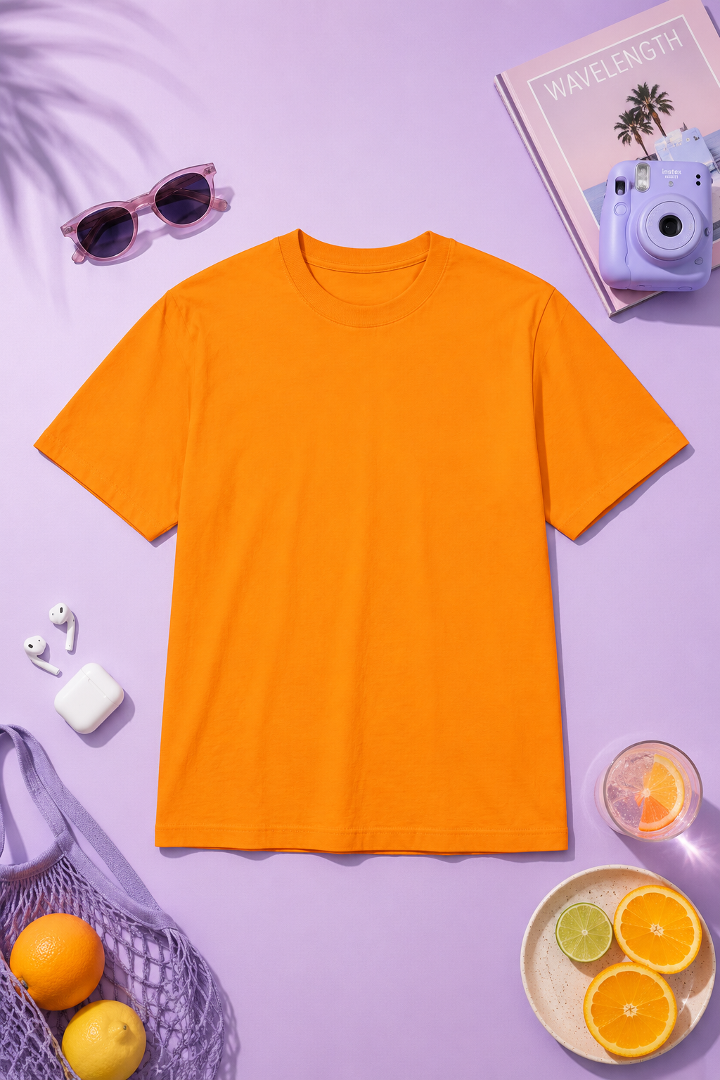 Orange heavyweight cotton T-shirt front flat lay on a pastel lavender background