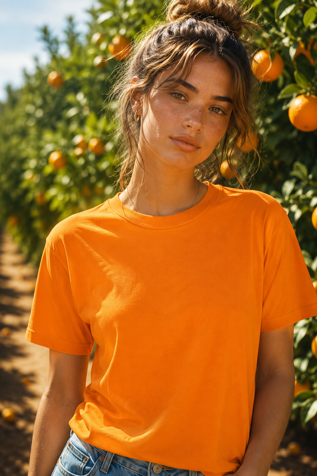 Female wearing orange heavyweight cotton T-shirt in a sunny orange orchard