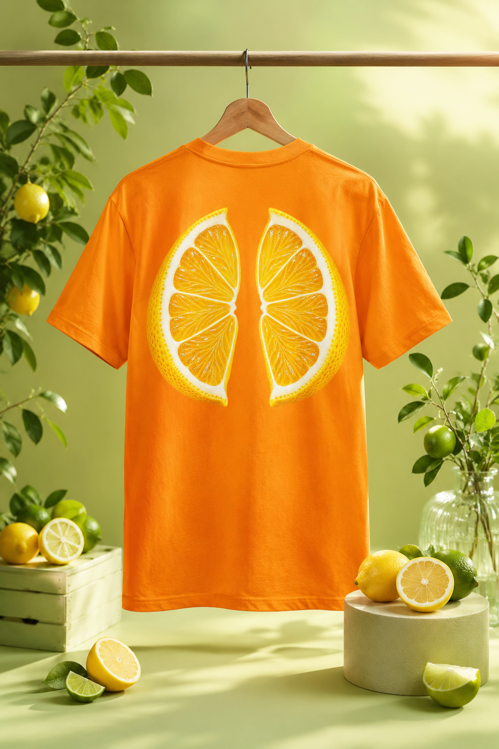 Orange lemon back print T-shirt hanging with lemons and limes against a pastel green setting