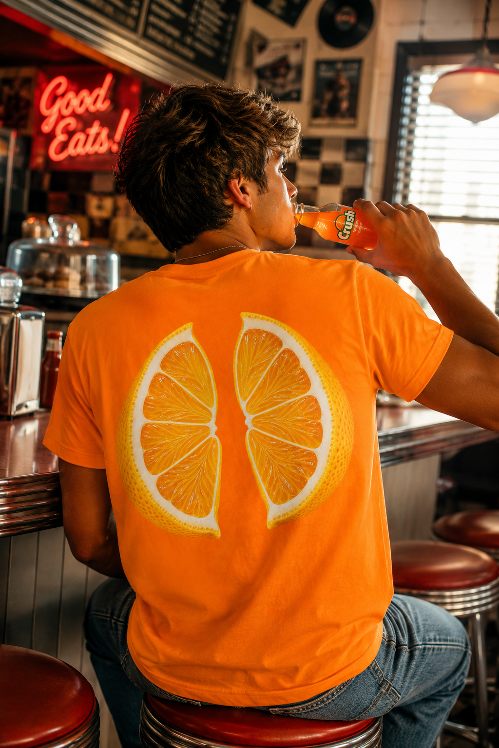 Male wearing orange lemon back print T-shirt while drinking orange soda at a retro diner