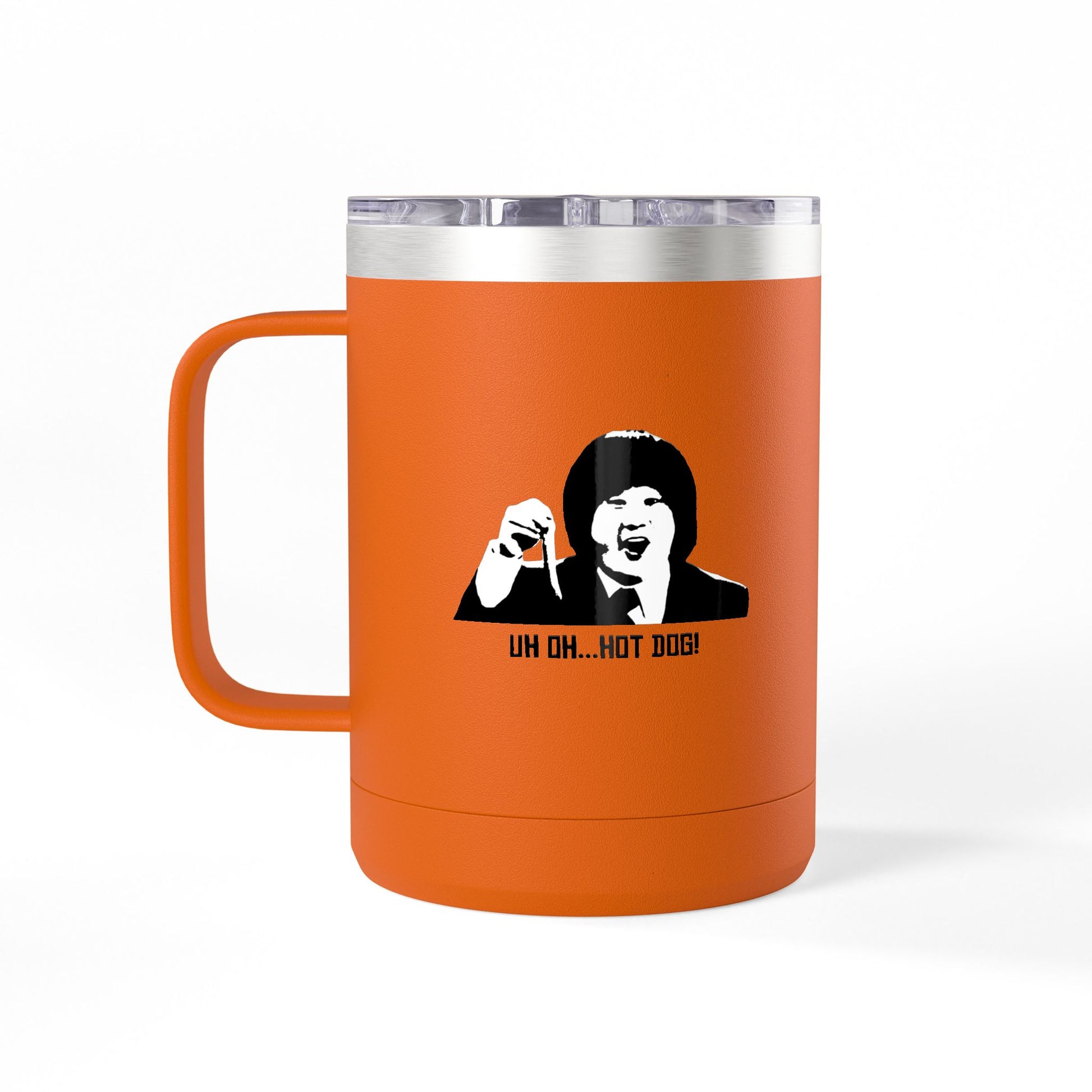 Orange Uh Oh Hot Dog MADtv stainless steel travel mug with character artwork and handle