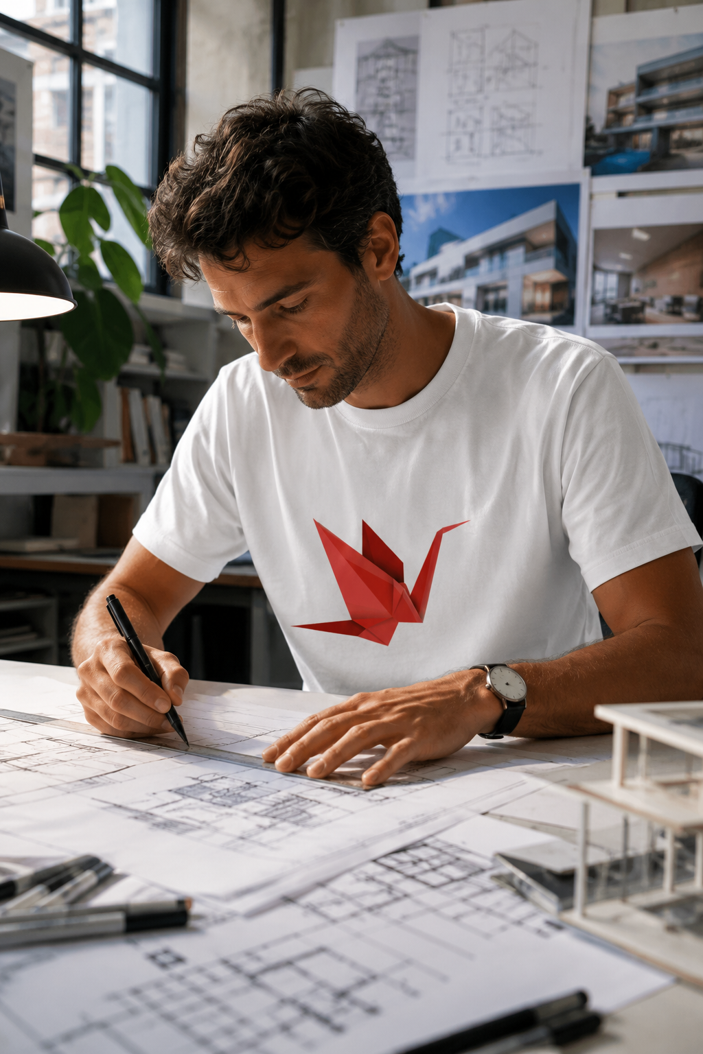 Male architect wearing the Origami Crane T-Shirt while working on building blueprints in a modern architecture studio.