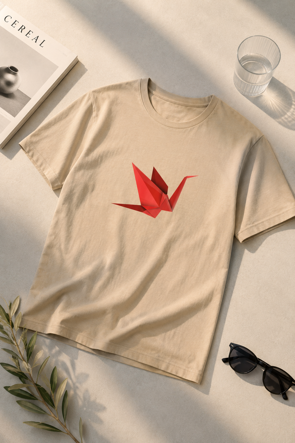 Beige Origami Crane T-Shirt styled in a minimalist editorial flat-lay photography scene with modern lifestyle accessories.