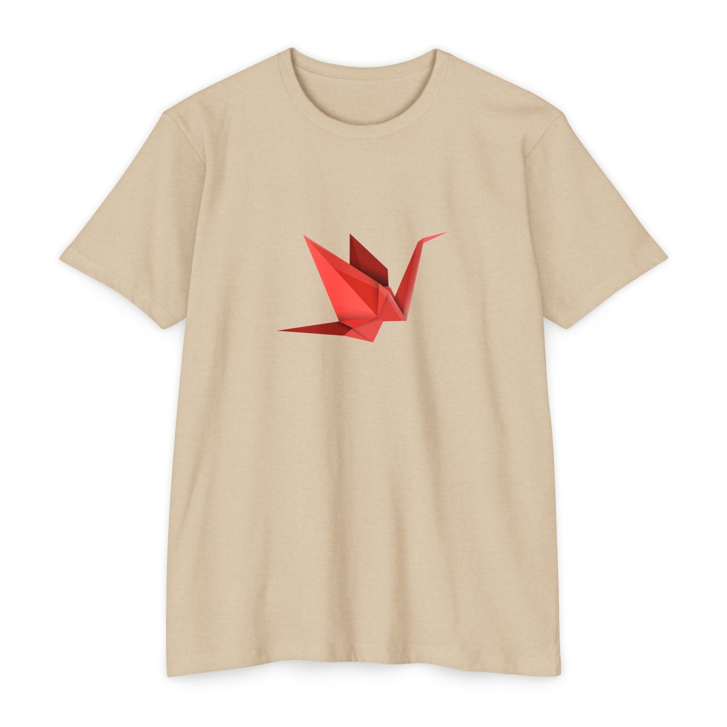 Front view of the beige Origami Crane T-Shirt featuring a striking red origami crane graphic.