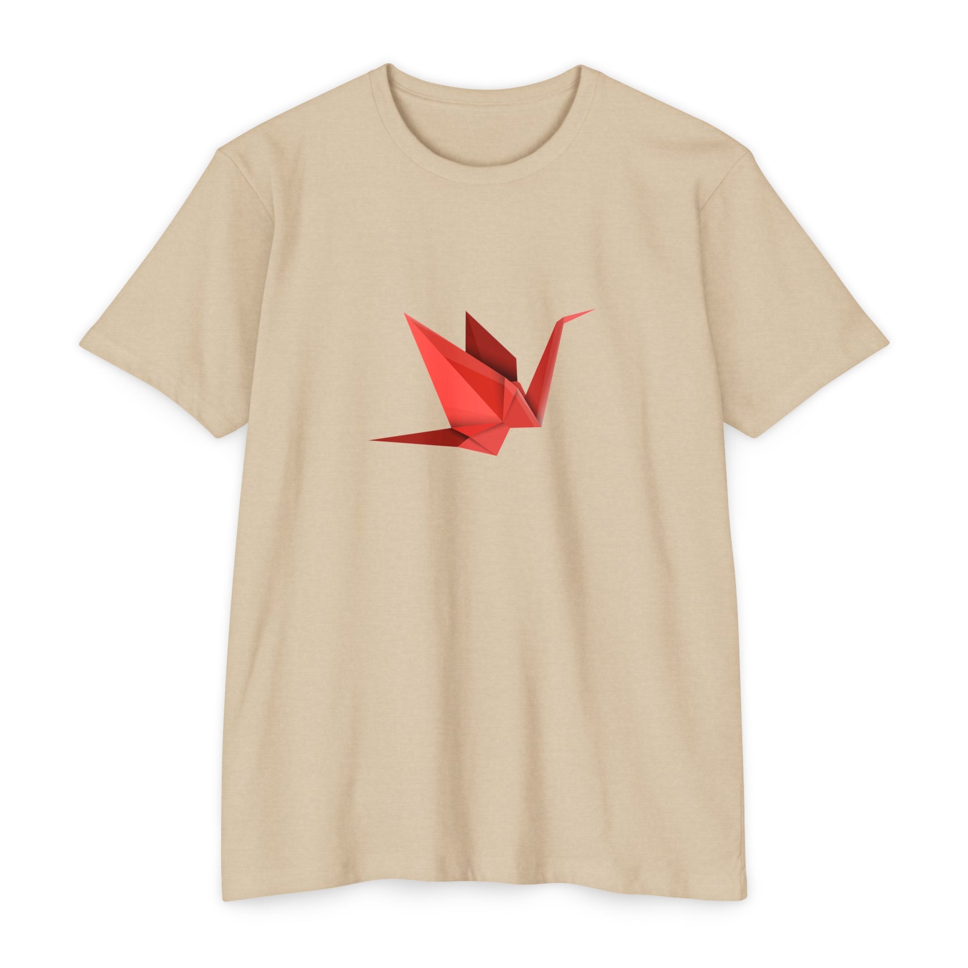 Front view of the beige Origami Crane T-Shirt featuring a striking red origami crane graphic.