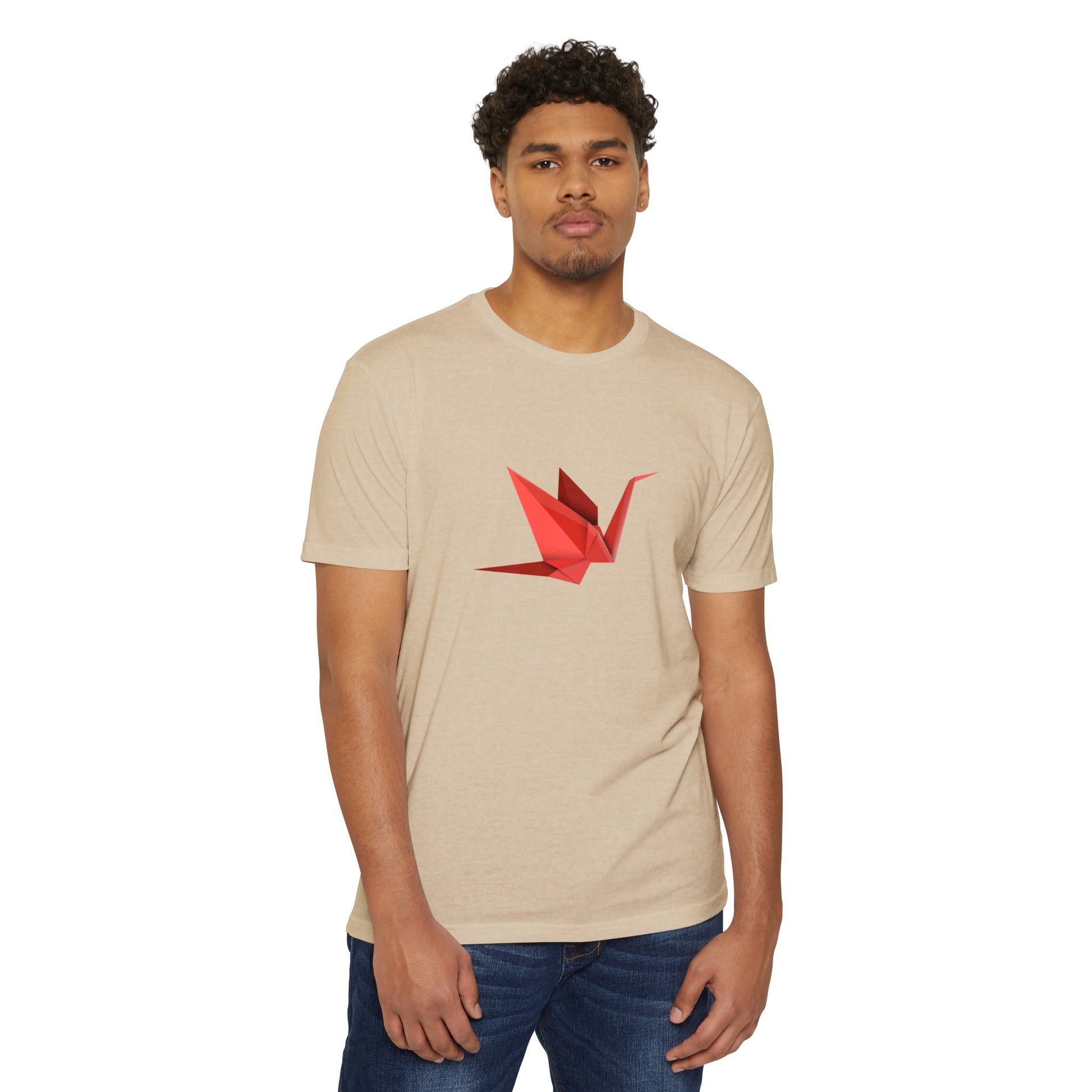 Male model wearing the beige Origami Crane T-Shirt featuring a minimalist red paper crane design.