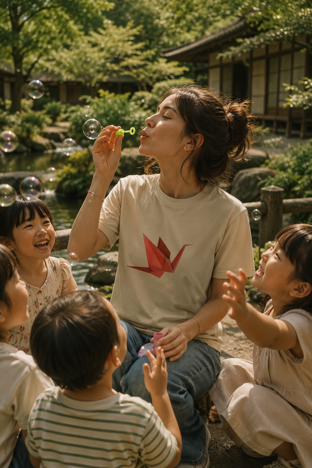 Young woman wearing the Origami Crane T-Shirt while blowing bubbles with children in a cinematic Japanese botanical garden.
