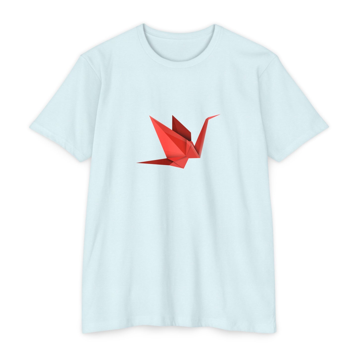 Front view of the light blue Origami Crane T-Shirt featuring a minimalist red origami crane graphic.