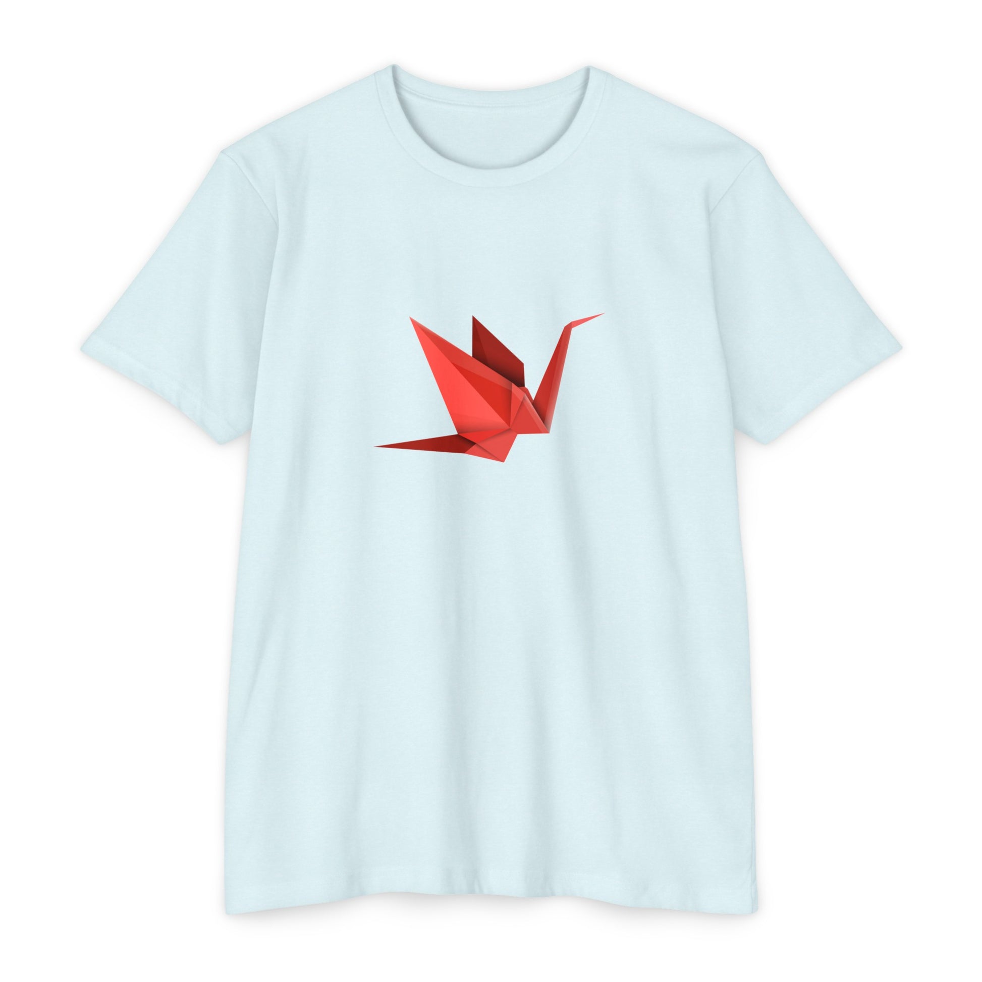 Front view of the light blue Origami Crane T-Shirt featuring a minimalist red origami crane graphic.