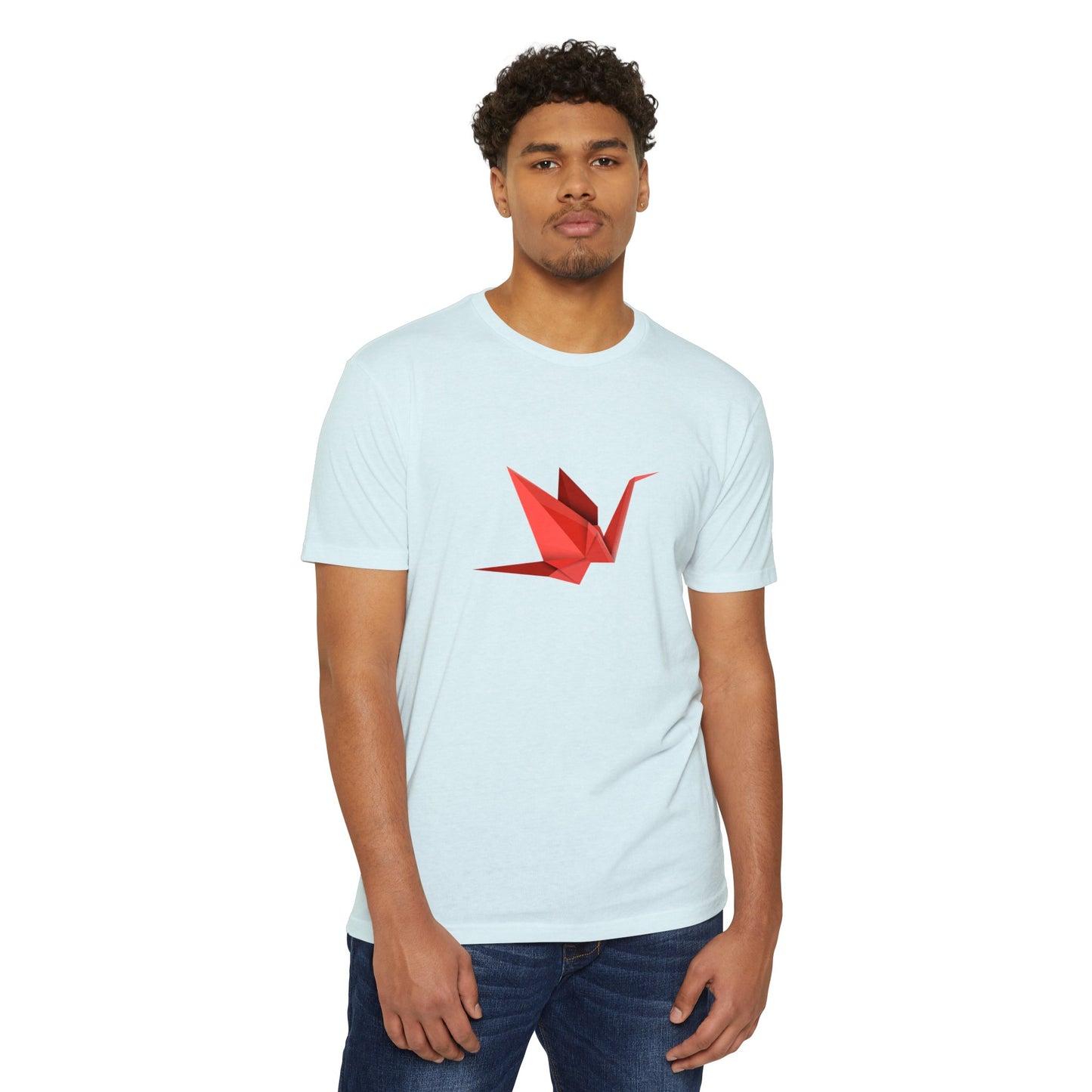 Male model wearing the light blue Origami Crane T-Shirt featuring a red paper crane graphic inspired by Japanese origami.