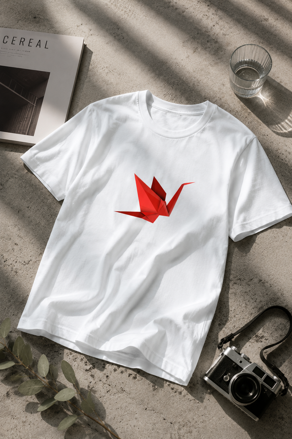 White Origami Crane T-Shirt displayed in a cinematic editorial flat-lay photography composition with minimalist accessories.