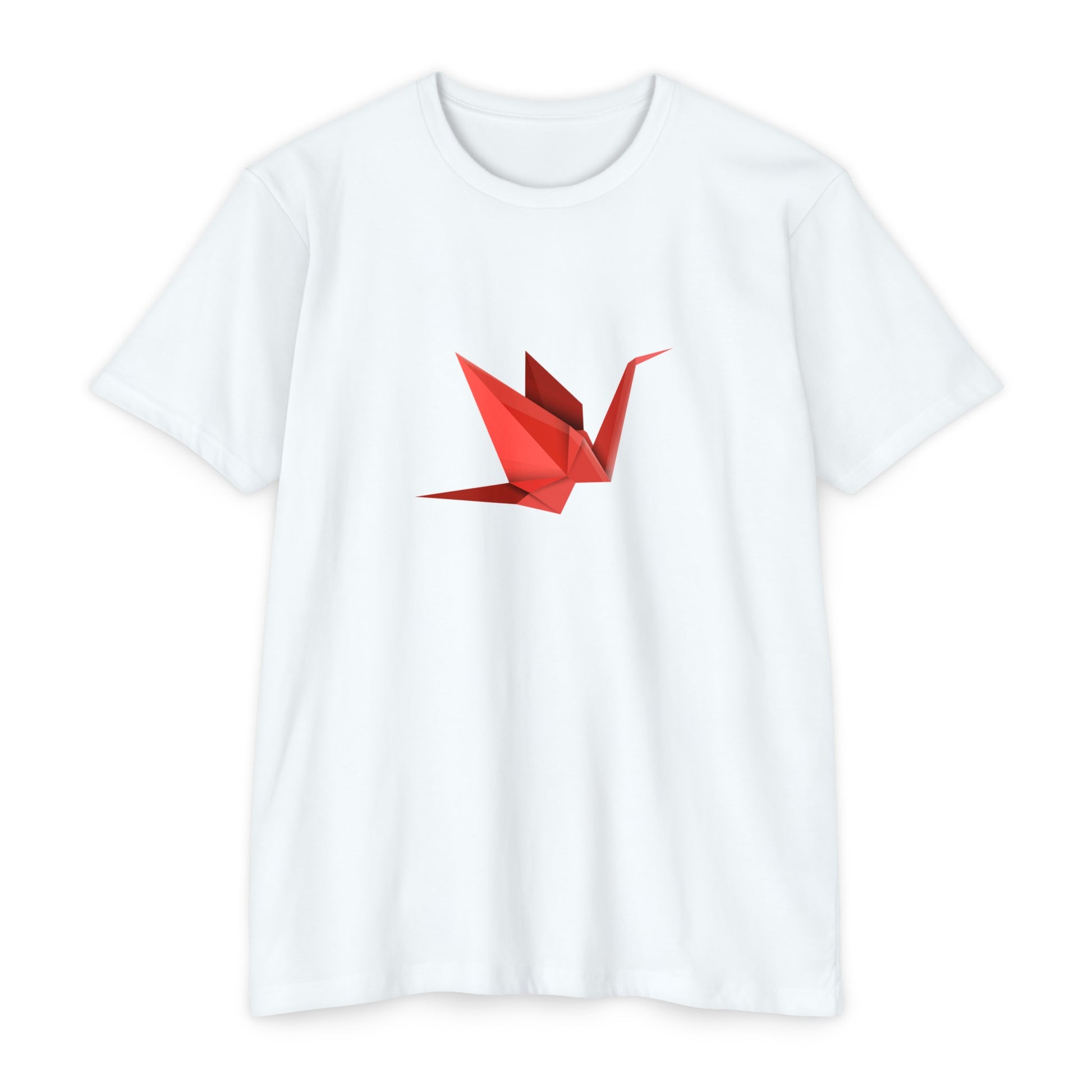 Front view of the white Origami Crane T-Shirt featuring a minimalist red origami crane artwork inspired by Japanese paper folding.