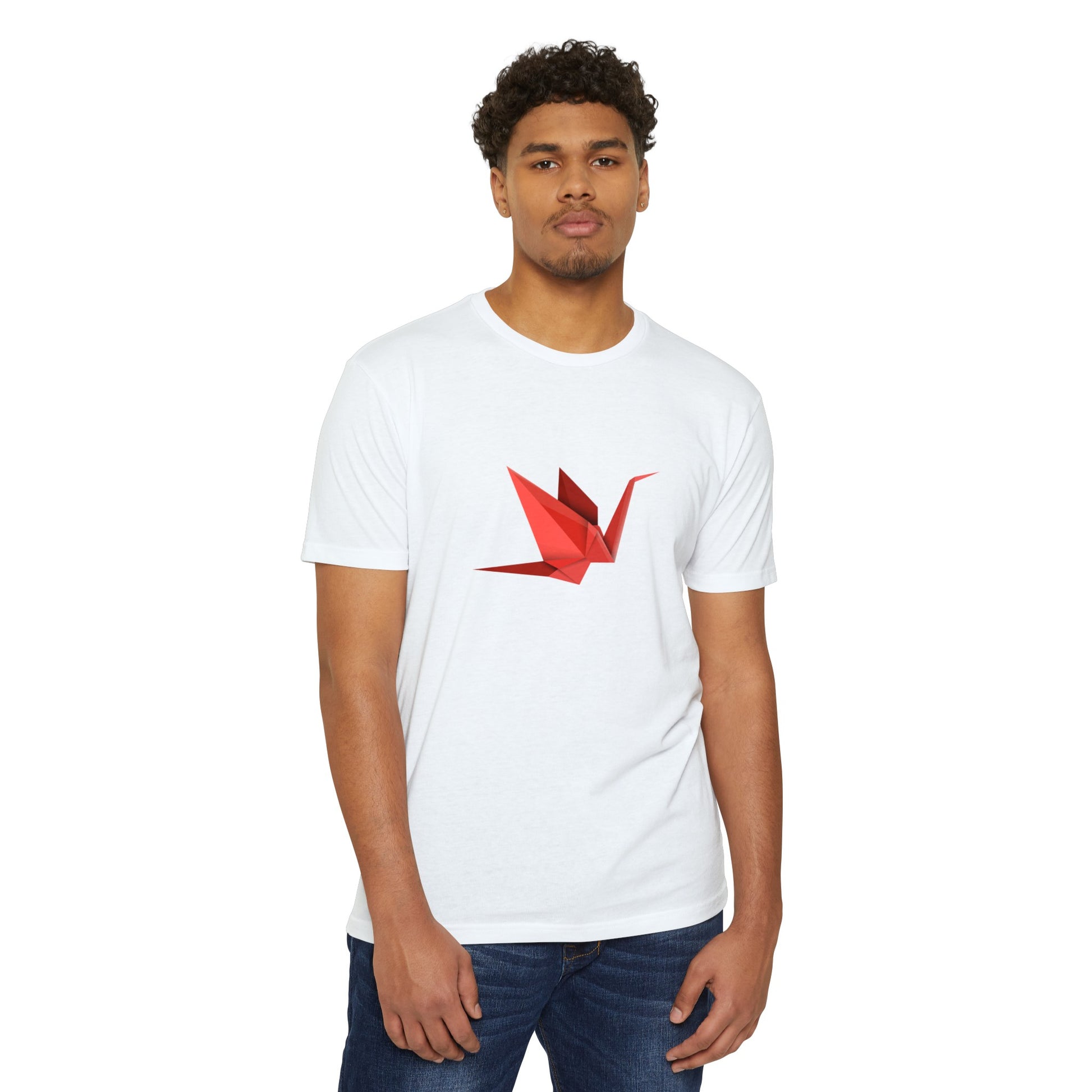 Male model wearing the white Origami Crane T-Shirt featuring a bold red origami crane graphic.