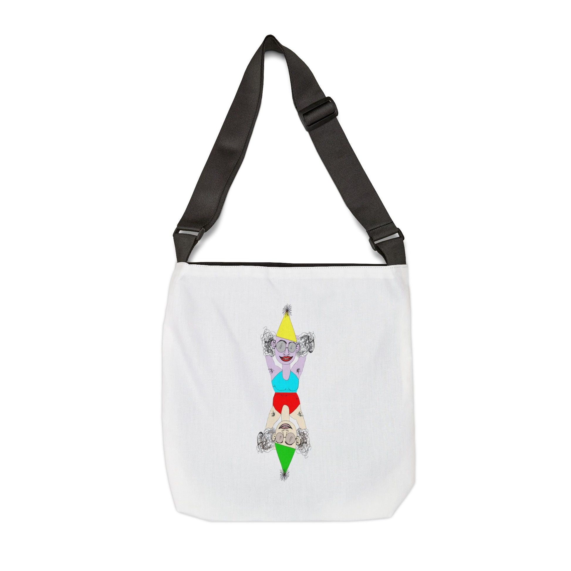 Party Favor original art crossbody tote bag with adjustable black strap