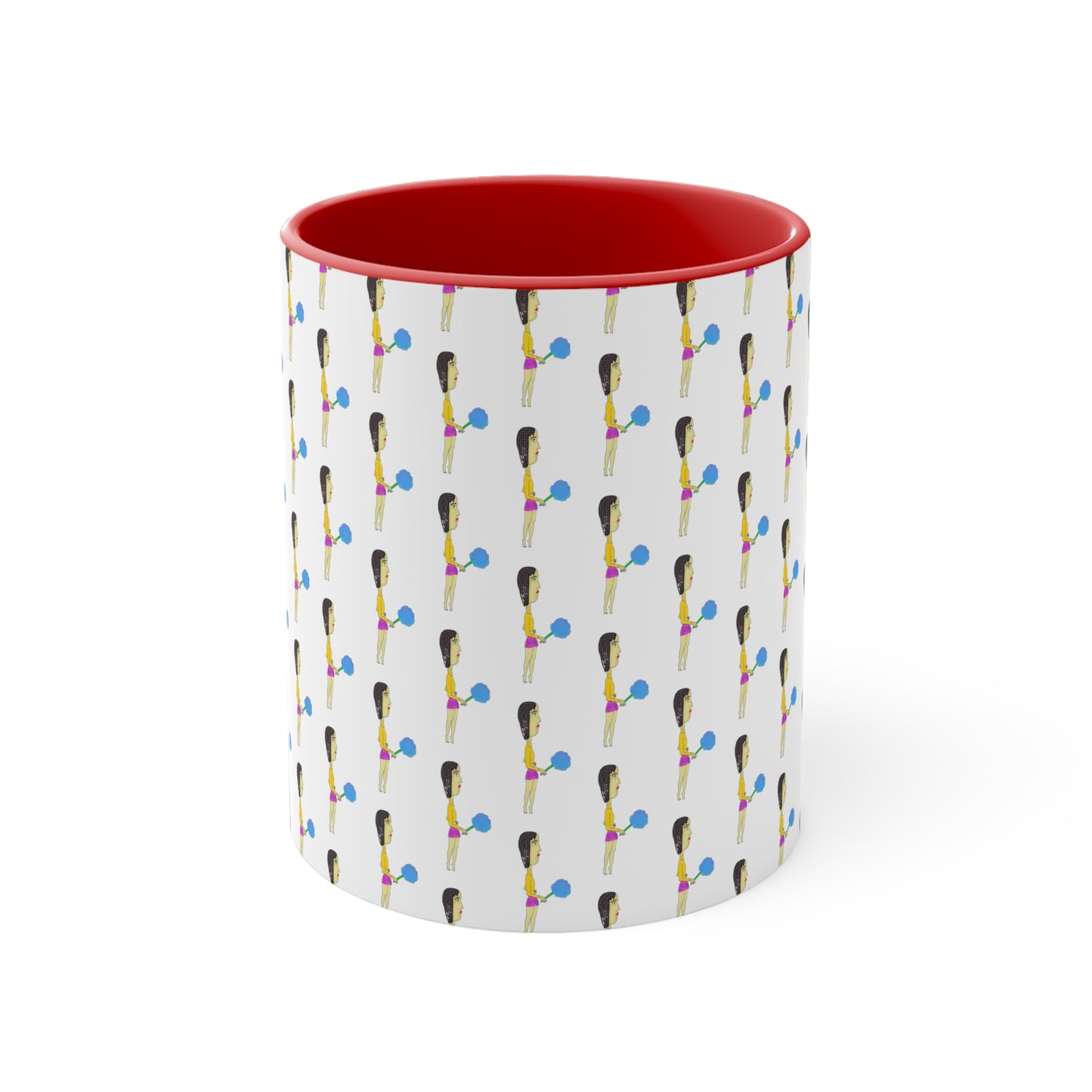 Front view of Cotton Candy 11 oz illustrated ceramic mug with colorful repeating original artwork.
