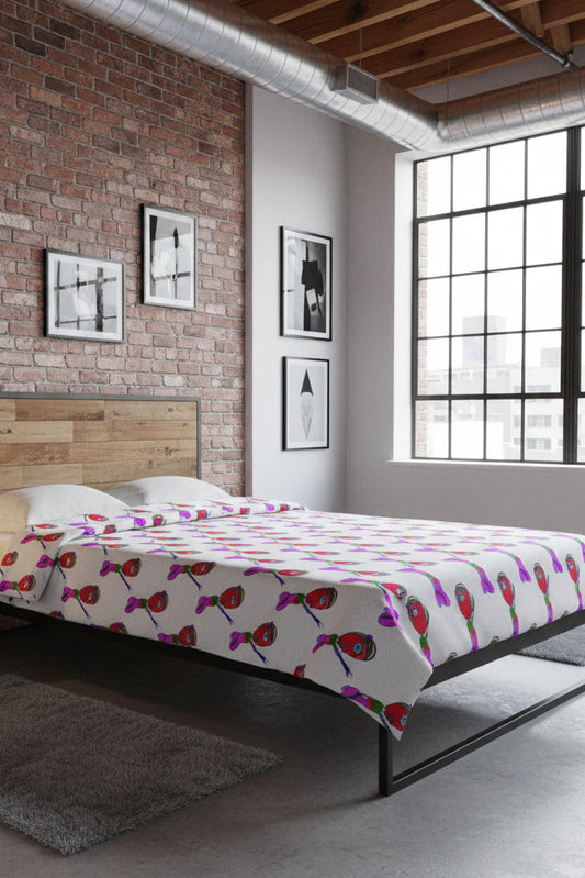 Outta Space 50x60 cosmic throw blanket styled on a bed in a modern loft bedroom