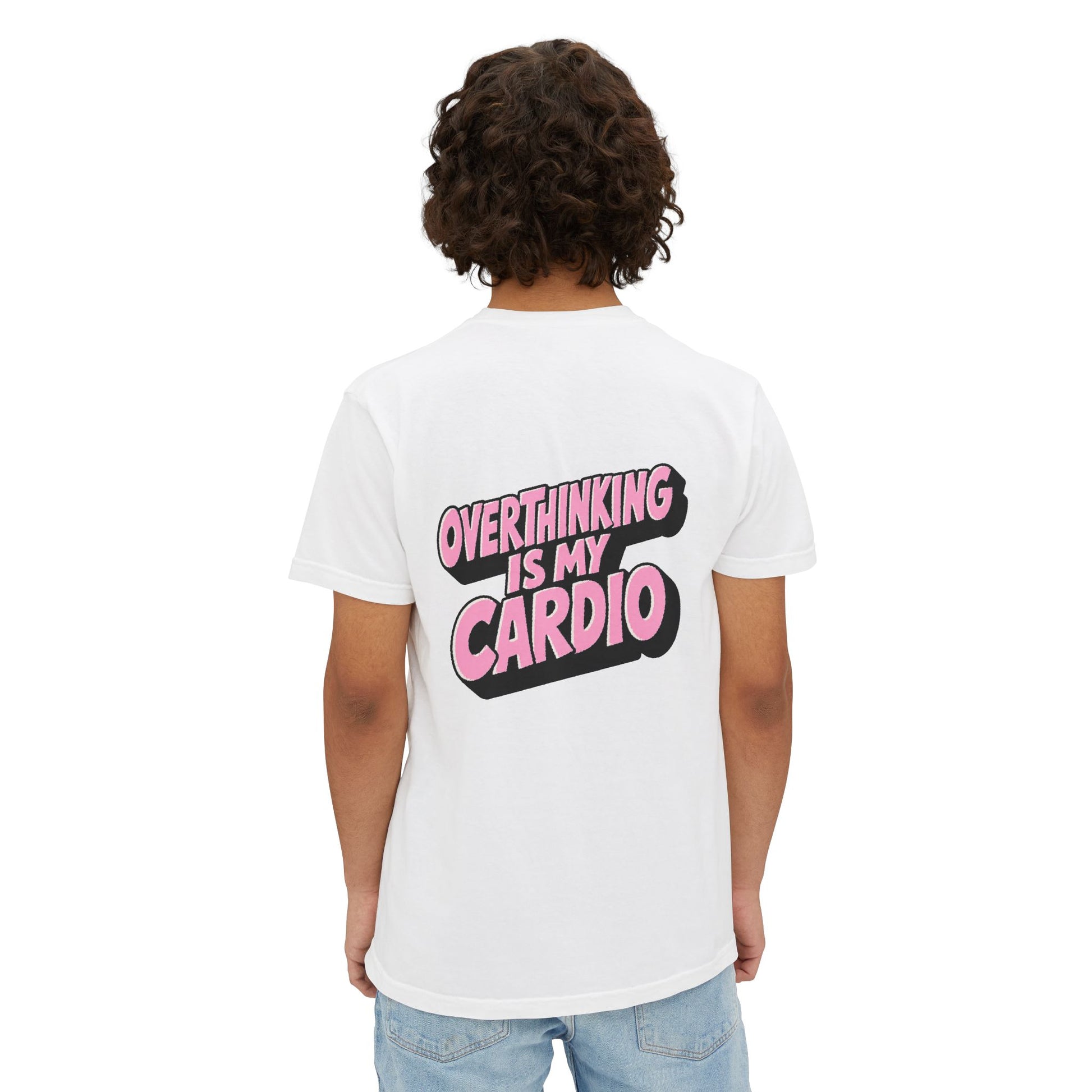 Male model wearing Overthinking Is My Cardio graphic T-shirt back view