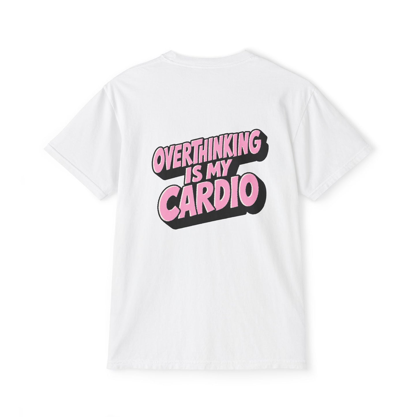 White Overthinking Is My Cardio graphic T-shirt back view