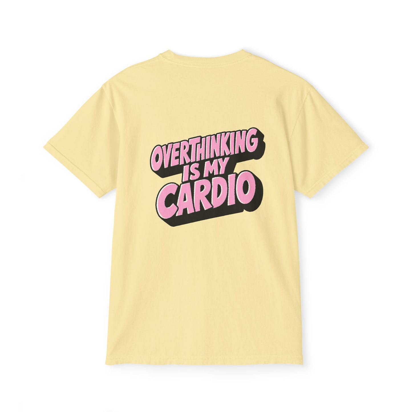 Butter yellow Overthinking Is My Cardio graphic T-shirt back view