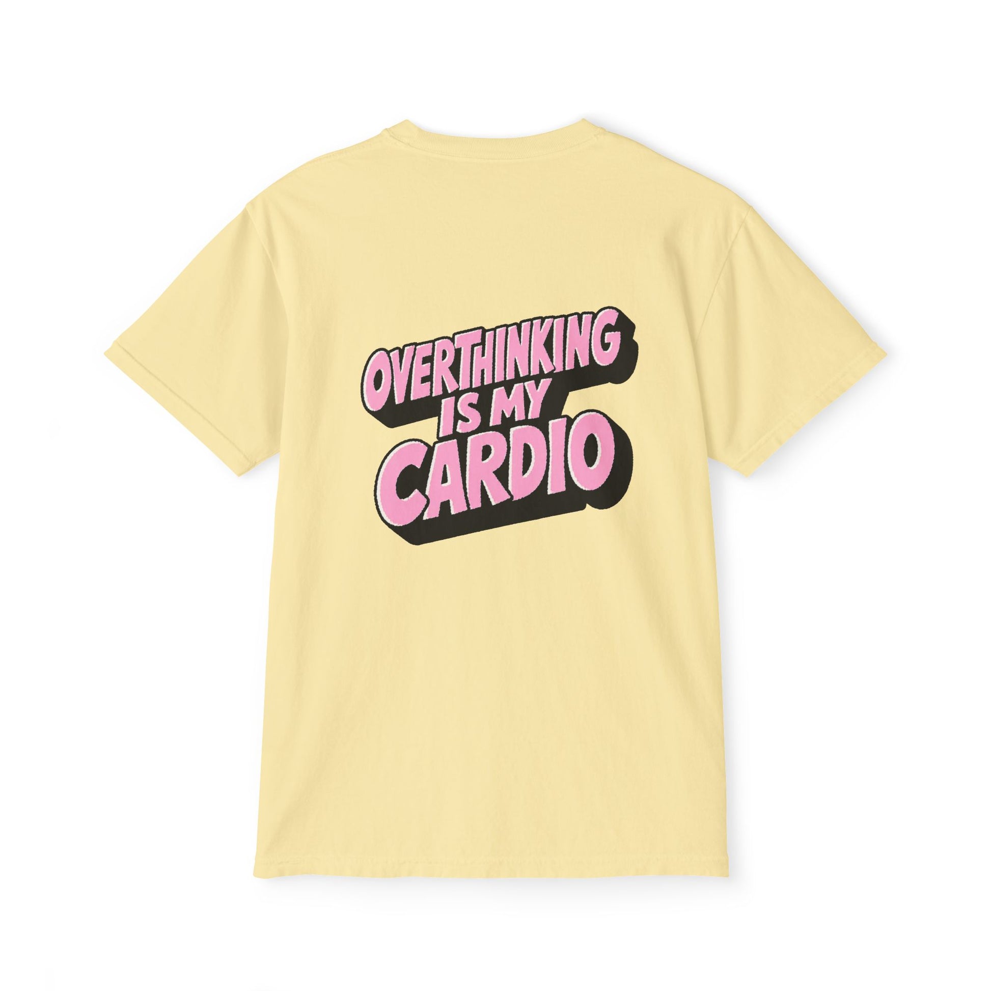 Butter yellow Overthinking Is My Cardio graphic T-shirt back view